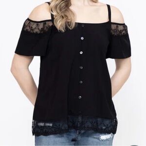 Elegant Black Lace Trim Cold Shoulder Top